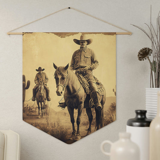 Antique cowboy wall pennant with sepia-toned photo
