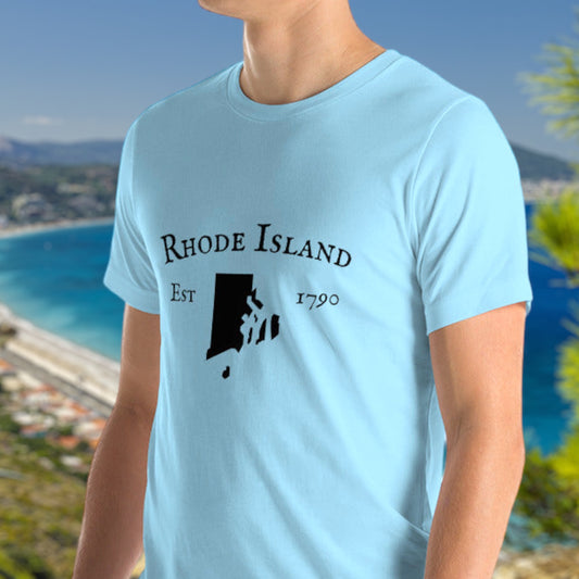 Rhode Island t-shirt with state outline and EST. 1790
