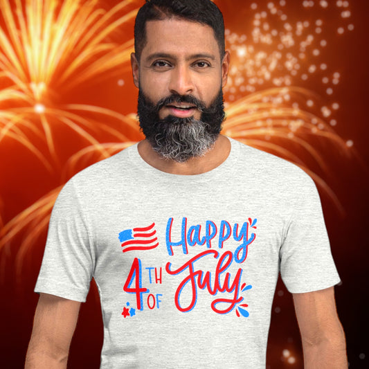 Happy 4th of July t-shirt with American flag and fireworks
