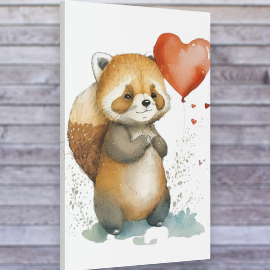 Red baby panda with heart balloon wall art for nursery
