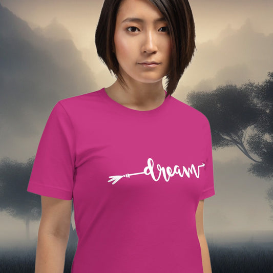 Dream women’s t-shirt with cursive arrow design
