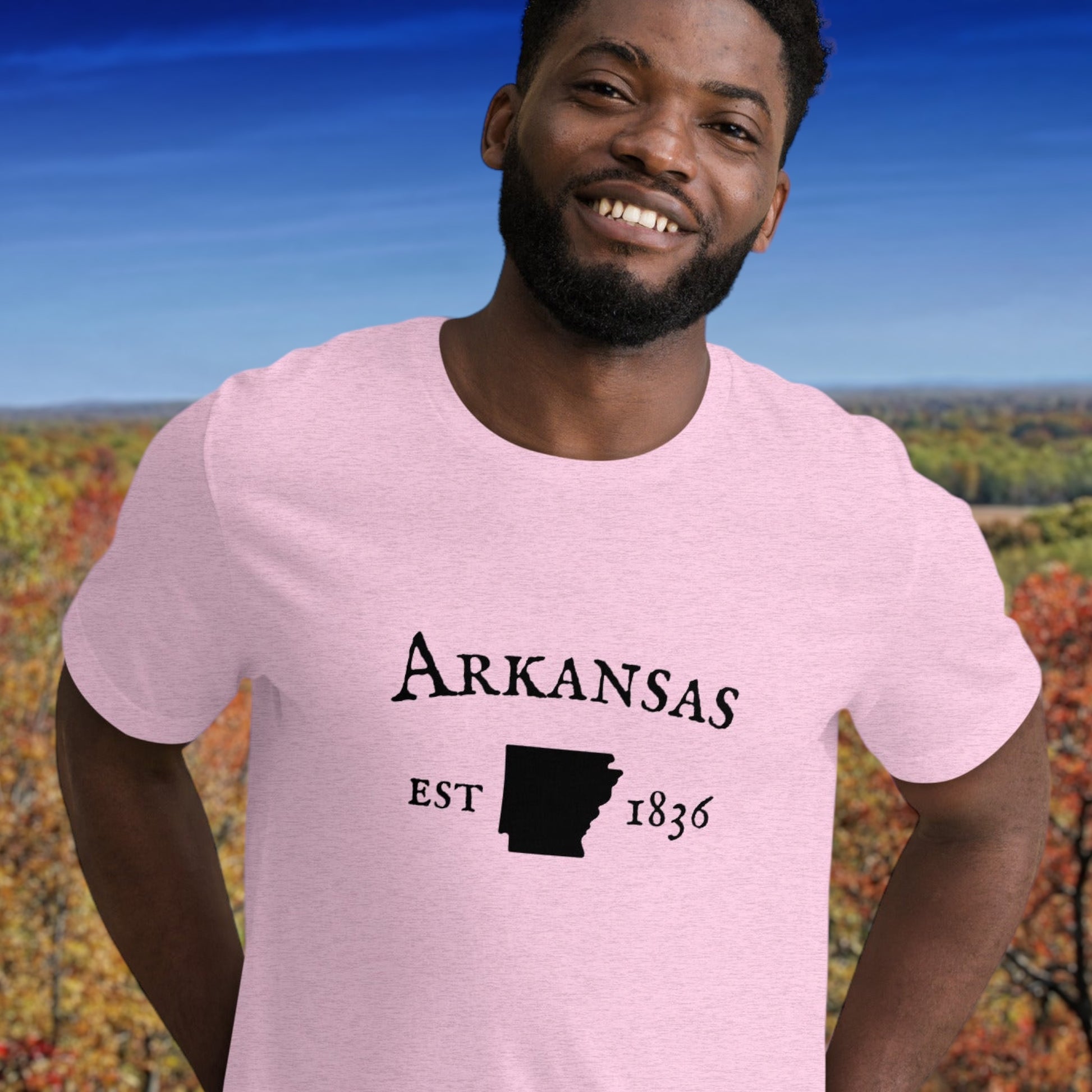 Arkansas shirt with state outline and establishment date
