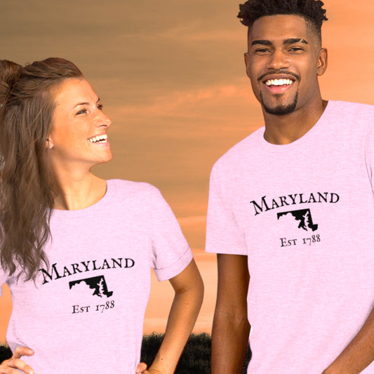 Maryland t-shirt with state outline and est. date
