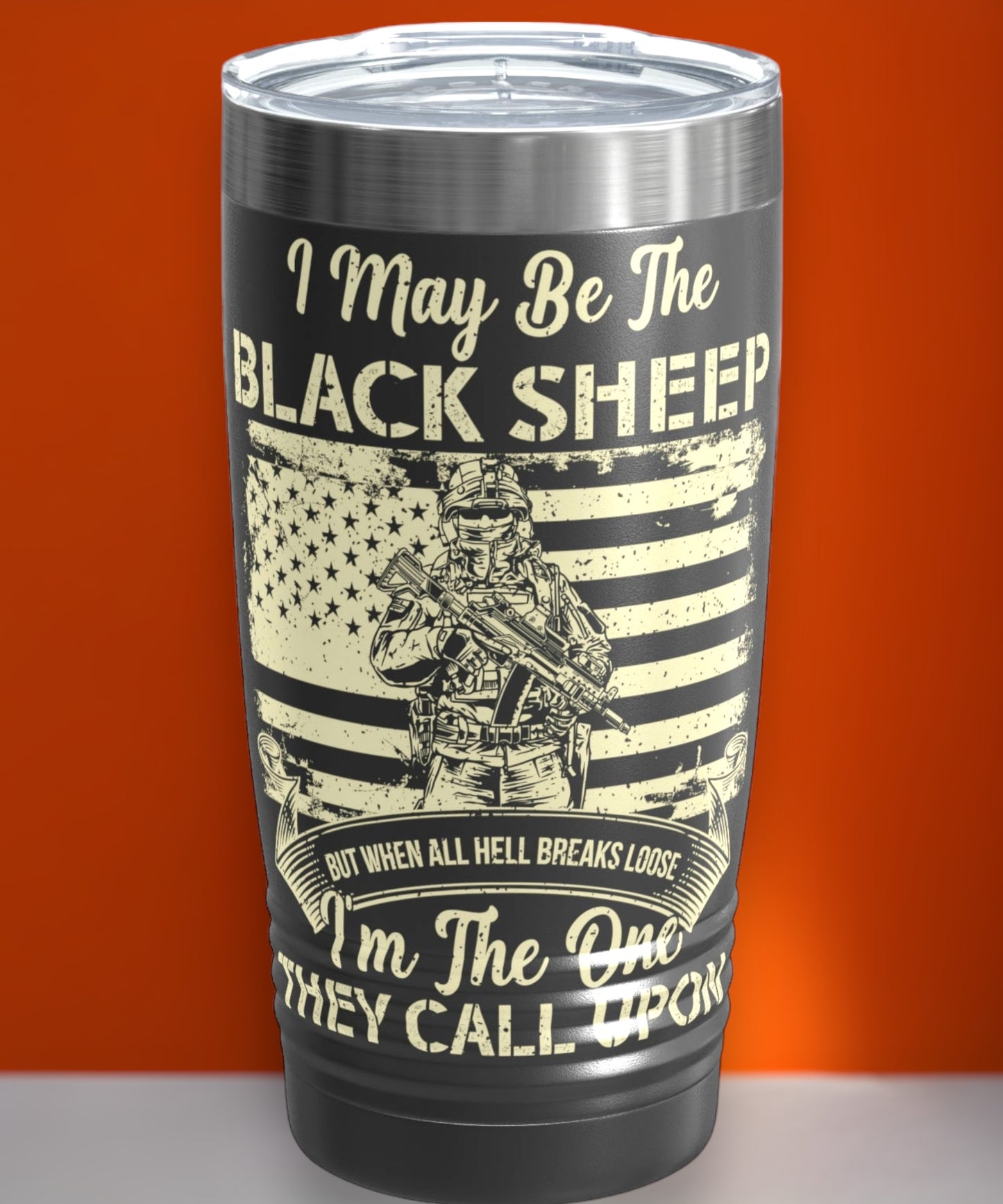 Black Sheep military tumbler with patriotic design
