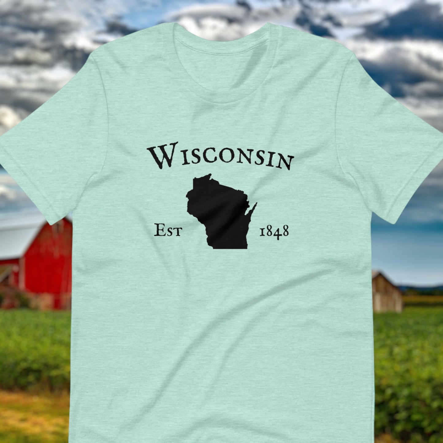 Wisconsin shirt with state outline and "Est. 1848" text
