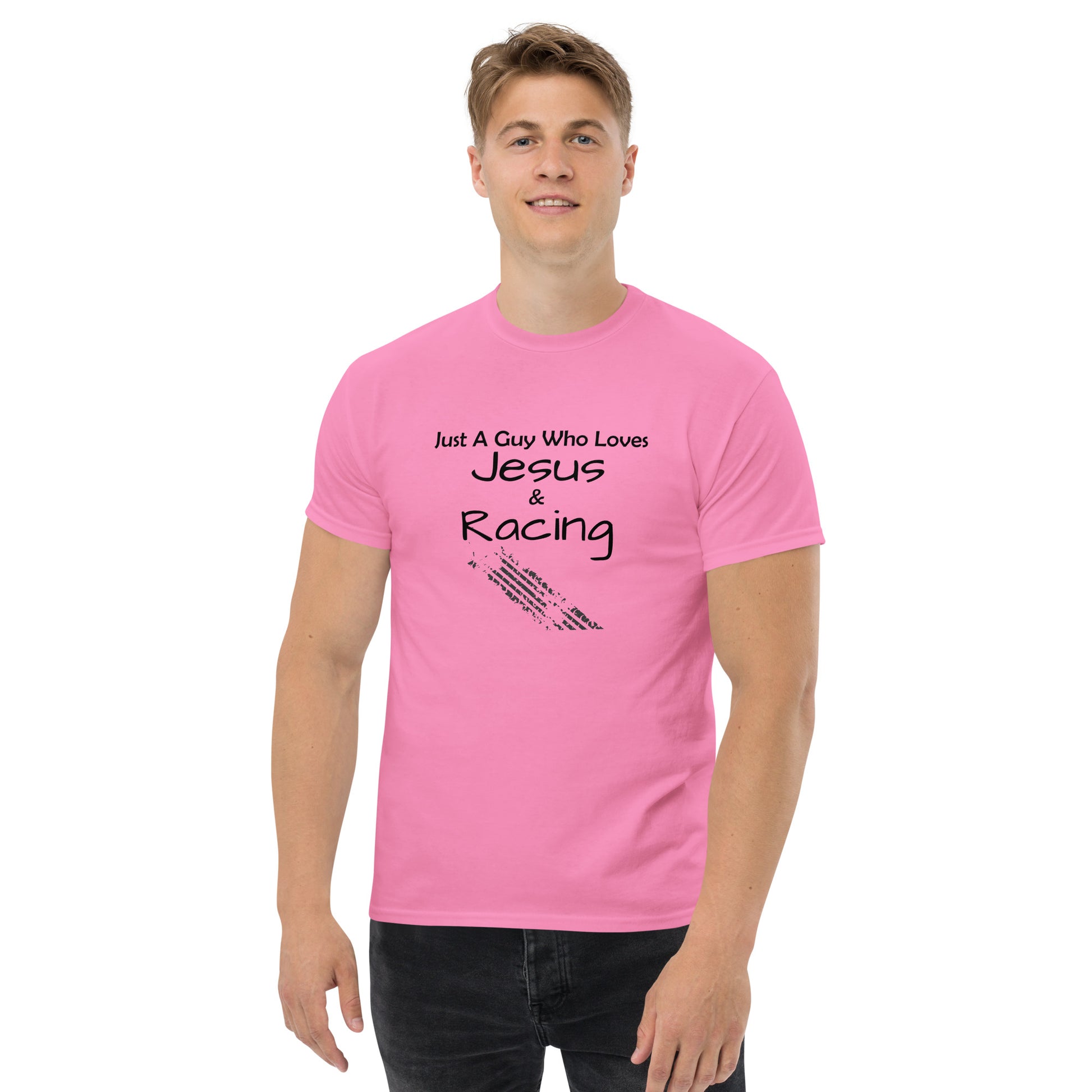 "Just A Guy Who Loves Jesus & Racing" T-Shirt - Weave Got Gifts - Unique Gifts You Won’t Find Anywhere Else!