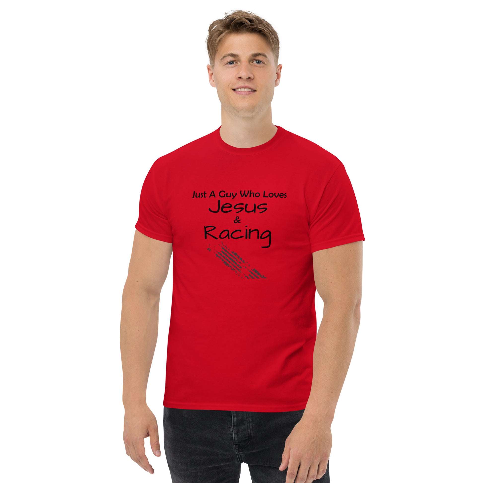 Mens racing shirt with faith-based message
