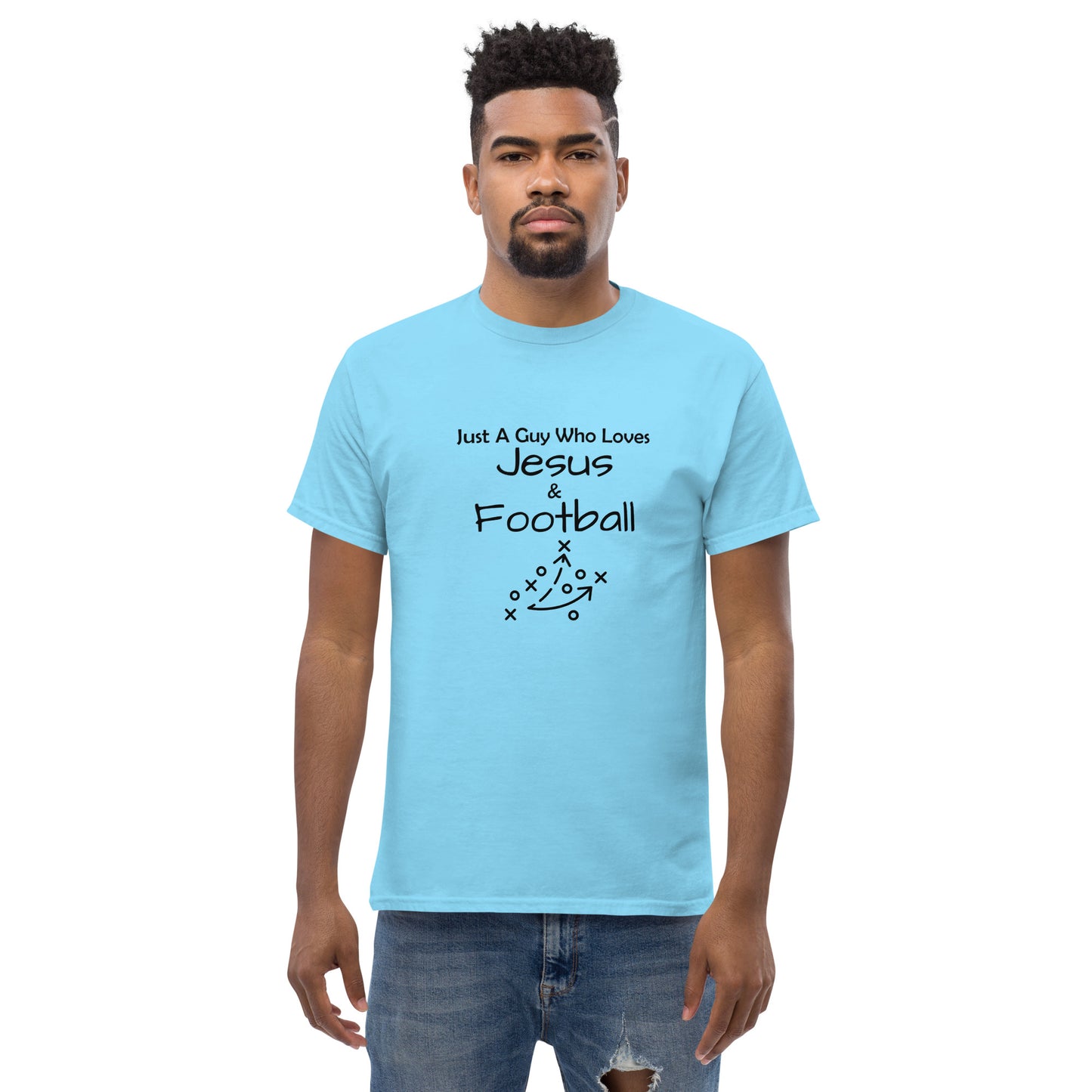 Faith-inspired football shirt for men with bold text
