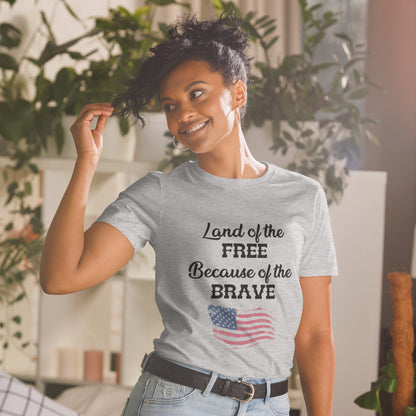 Land of the Free shirt with American flag graphic
