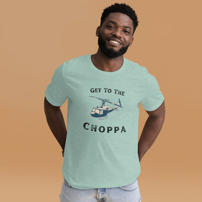 Pop culture t-shirt with famous Get to the Choppa quote
