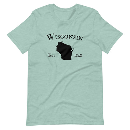 Wisconsin apparel featuring state outline and historical date
