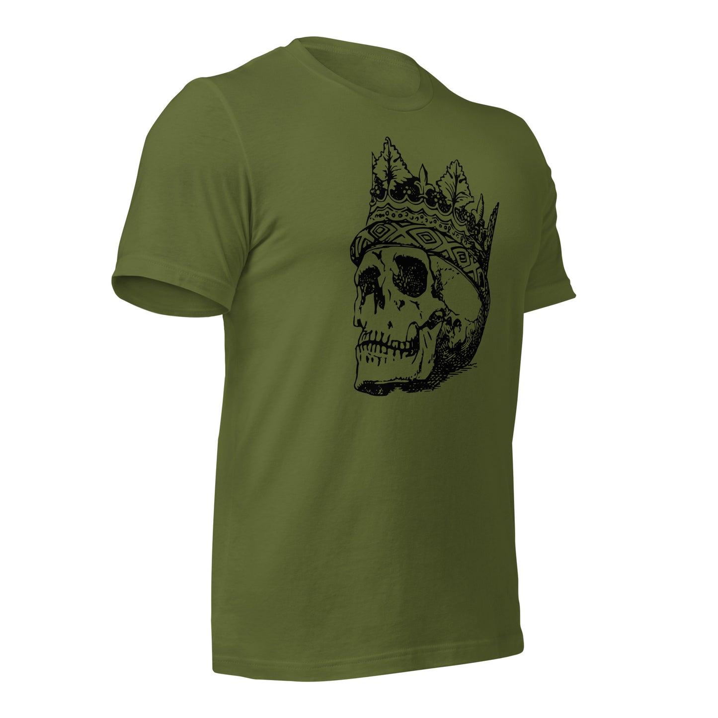 Gothic tee shirt with haunting skull and regal crown design
