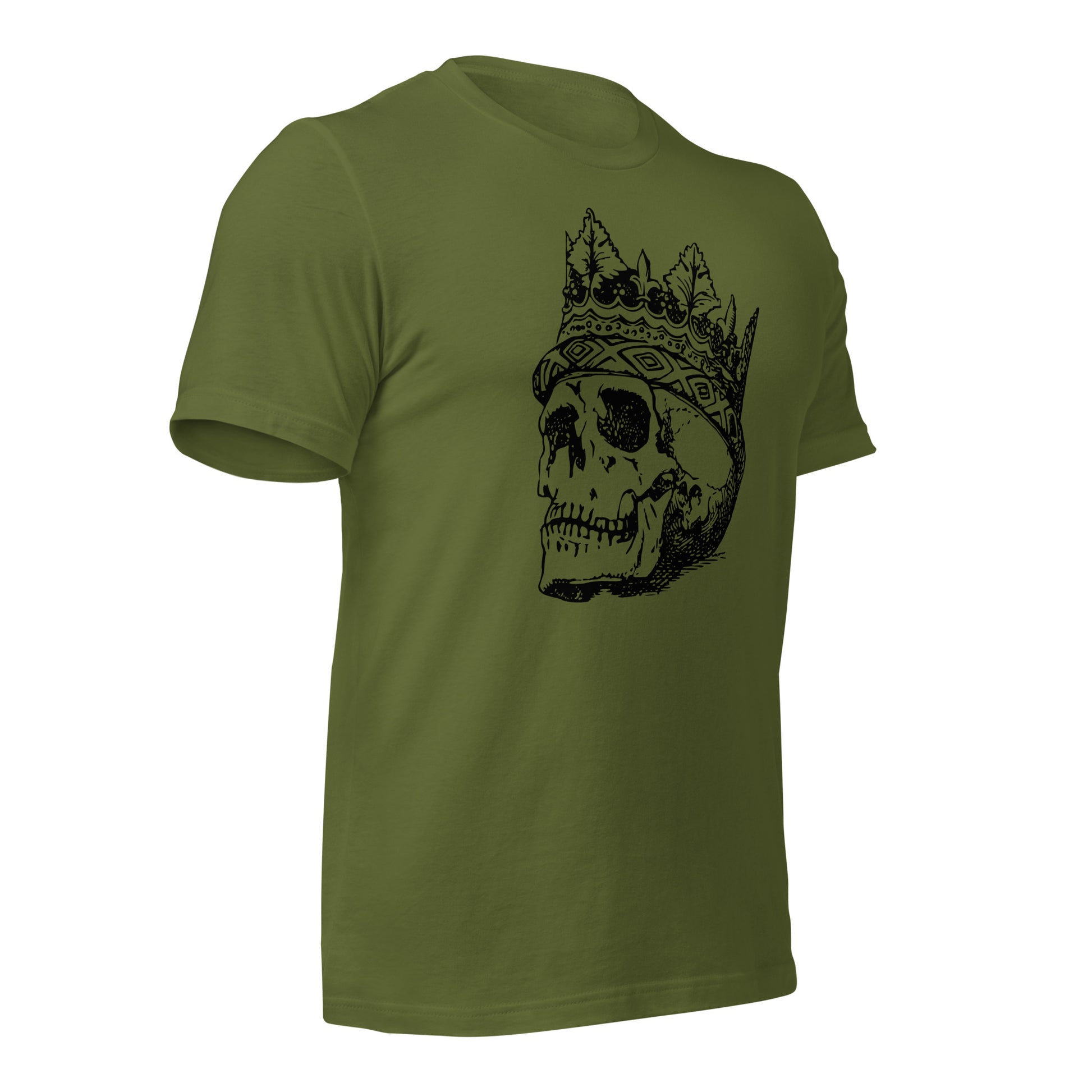 Gothic tee shirt with haunting skull and regal crown design
