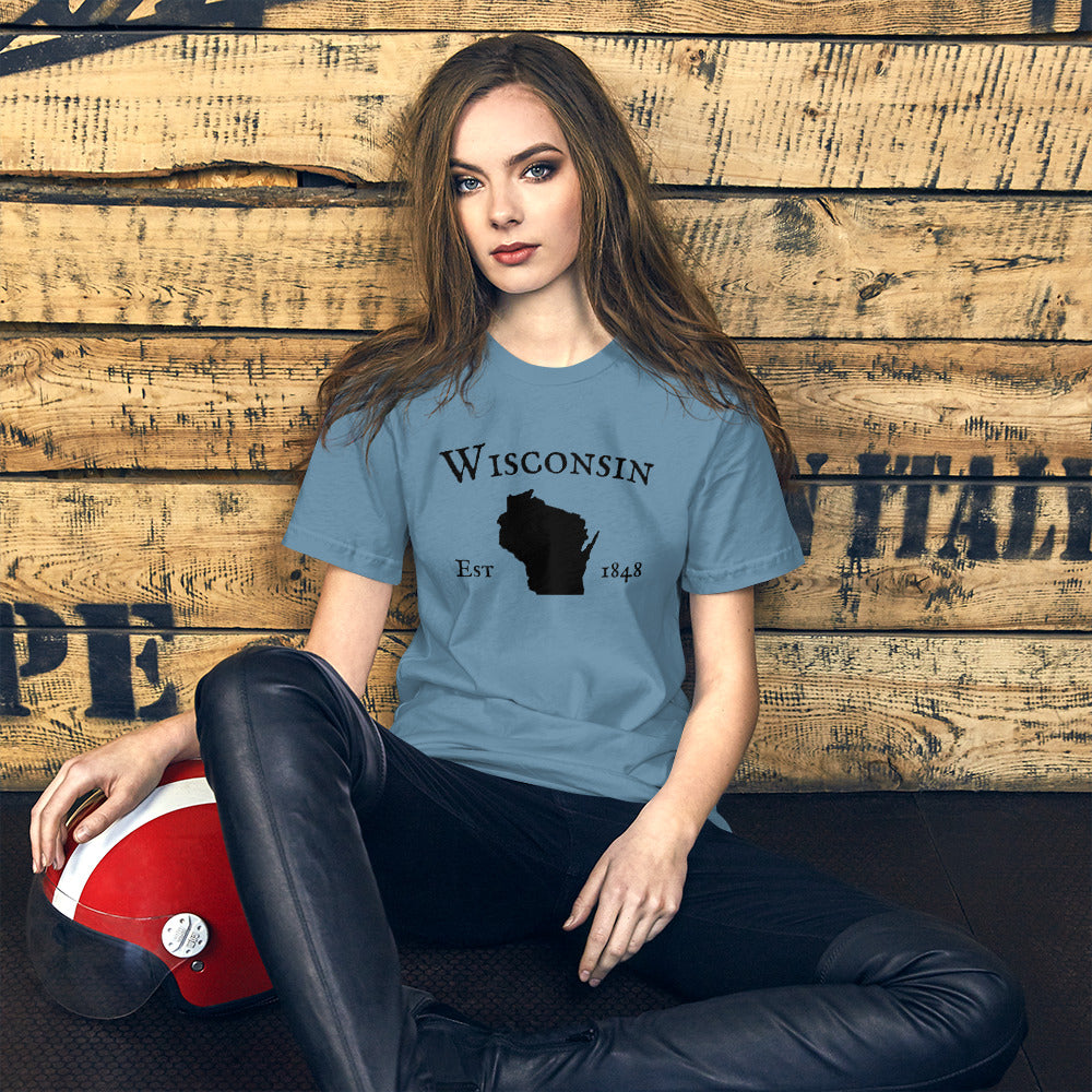 Wisconsin graphic t-shirt with state silhouette and founding year
