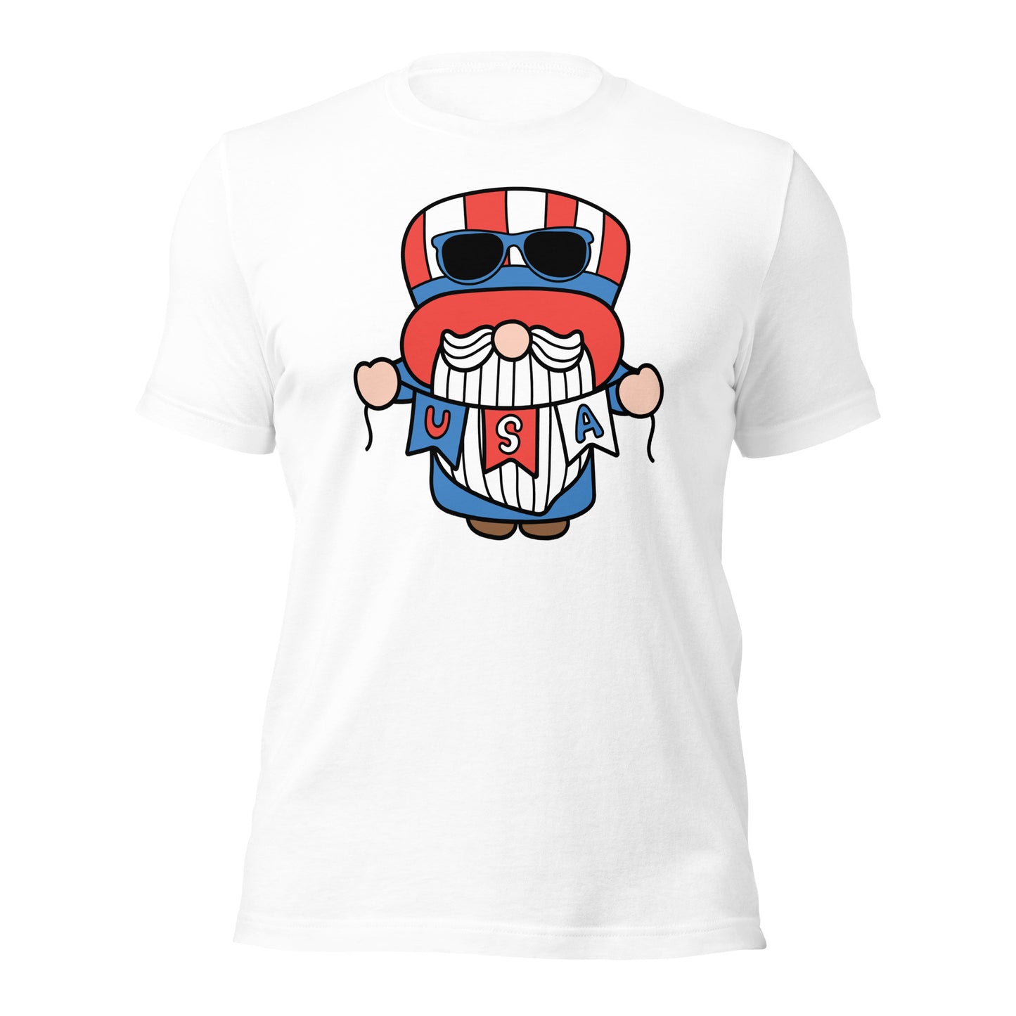 Patriotic gnome holding a USA banner on graphic t-shirt
