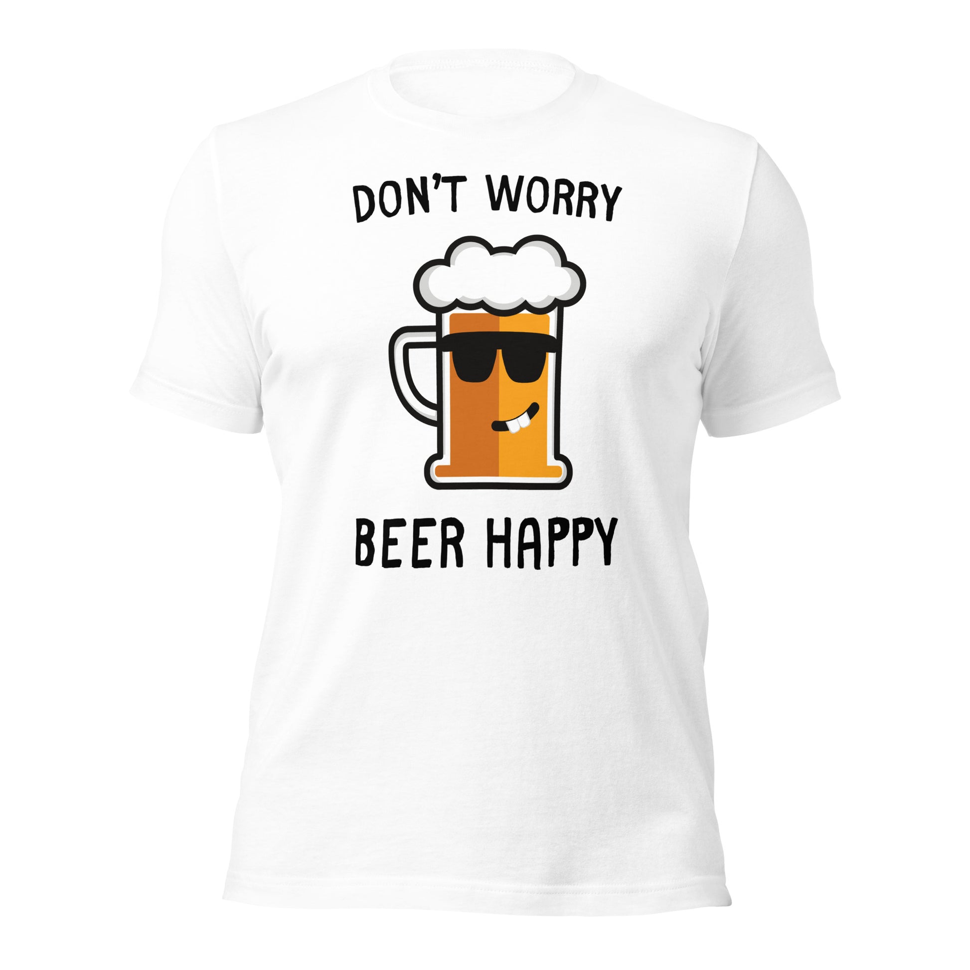 Fun beer drinker t-shirt with cheerful design and sunglasses graphic
